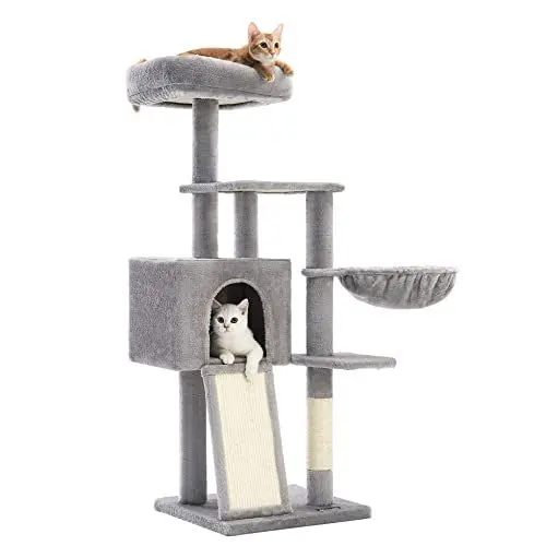 Produktbild: Feandrea Kratzbaum, 135 cm Kleiner Katzenbaum, mehrstöckiger Plüsch-Katzekratzbaum mit waschbarer, Abnehmbarer Sitzstange, Kratzstamm, Korb, Höhle, hellgrau
