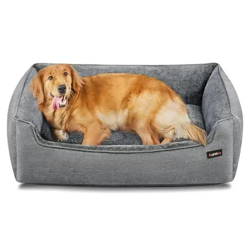 Produktbild: Feandrea Hundebett, Hundekissen in Leinenoptik, Hundekorb, erhöhte Ränder, rutschfeste Unterseite, Bezug abnehmbar waschbar, XL, für große Hunde, 110 x 75 x 27 cm, hellgrau PGW12GG