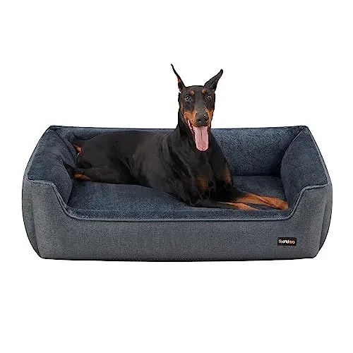 Produktbild: Feandrea Hundebett, Hundekissen in Leinenoptik, Hundekorb, erhöhte Ränder, rutschfeste Unterseite, Bezug abnehmbar waschbar, XXL, für extra große Hunde, 120 x 90 x 30 cm, dunkelgrau PGW013G01