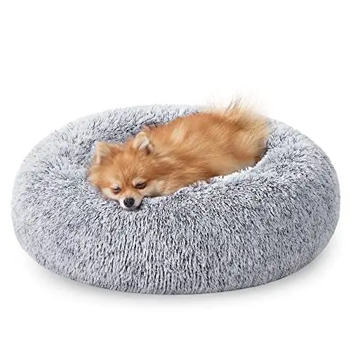 Produktbild: Feandrea Hundebett flauschig, Katzenbett, Donut Kissen, waschbar, Polsterung in der Mitte herausnehmbar, Langer Plüsch, 60 cm Durchmesser, Ombré-Grau PGW038G01