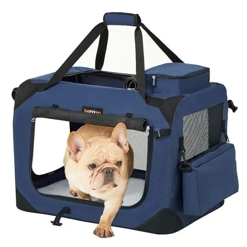 Produktbild: Feandrea Hundebox faltbar, Transportbox Hund, M, Hundetasche, Oxford-Gewebe, Netzstoff, atmungsaktiv tragbar transportabel, Metallrahmen, mit Griffen, Taschen, 60 x 42 x 42 cm, dunkelblau PDC60Z