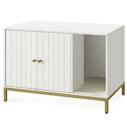 Produktbild: Feandrea Katzenklo-Schrank, Katzenhaus, Katzentoilette, mit Kratzmatte, hohe Beine, für Katzen, Beistelltisch, 80 x 50 x 55 cm, weiß-goldfarben PCL007W01