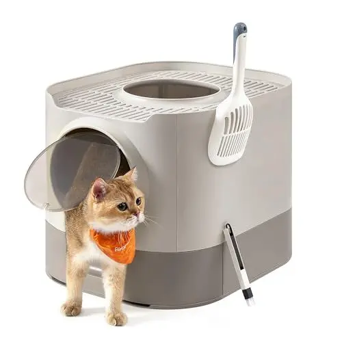 Produktbild: Feandrea Katzenklo, Katzentoilette XXL, mit Deckel, ausziehbares Tablett, Schaufel, Bürste, für Katzen verschiedener Größen, weniger Spuren, haferflockenfarben-warmgrau PPT002G01