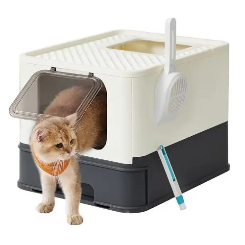 Produktbild: Feandrea Katzenklo, Katzentoilette, mit Deckel, ausziehbares Tablett, geräumig für Katzen bis 15 kg, weniger Spuren, auslaufsicherer Boden, beige-schwarz PPT001W01