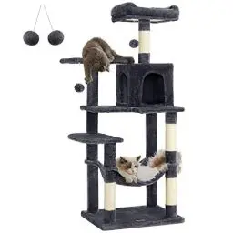 Produktbild: Feandrea Kratzbaum, 143 cm hoch, Katzenbaum, mehrstöckiges Katzenhaus, mit 4 Kratzsäulen, 2 Plattformen, Hängematte, Höhle, rauchgrau PCT161G01