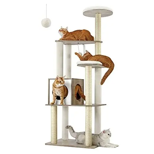 Produktbild: Feandrea Kratzbaum, 165 cm hoher moderner Katzenbaum, Katzenhaus mit 5 Kratzsäulen, waschbare abnehmbare Kissen, Plattform, Katzenhöhle, Katzenmöbel für Wohnungskatzen, Greige PCT166G01