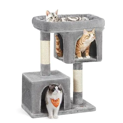 Produktbild: Feandrea Kratzbaum, 84 cm Katzenbaum, L, Katzenhaus für große Katzen bis zu 7 kg, große Plattform, 2 Katzenhöhlen, Sisalstämme, hellgrau PCT61W