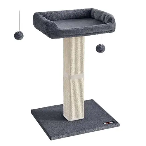 Produktbild: Feandrea Kratzbaum, Katzenbaum mit 40 x 30 cm Plattform aus Plüsch, Kratzstamm, Katzenkratzbaum, 71 cm hoch, Kratzsäule mit geflochtenem Sisal, 45 x 40 cm Sockel, mit Plüschball, dunkelgrau PCA022G01