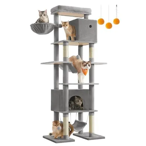 Produktbild: Feandrea Kratzbaum groß, Katzenbaum XXL, mehrstöckiger Katzenkratzbaum, 201 cm hoch, mit Einer Plattform, Einer Liegemulde, 2 Katzenhöhlen, 2 Hängematten, Kippschutz, hellgrau PCT195G01