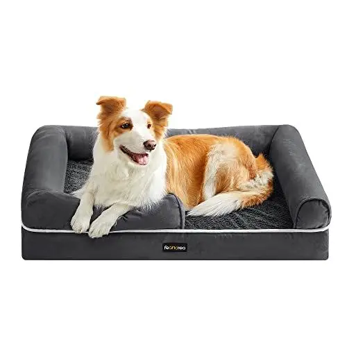 Produktbild: Feandrea Orthopädisches Hundebett, Hundekissen, Hundekorb, weiche Polsterung, Hundesofa, erhöhte Ränder, Bezug abnehmbar und waschbar, 91 x 71 x 20 cm, rutschfeste Unterseite, dunkelgrau PGW076G01