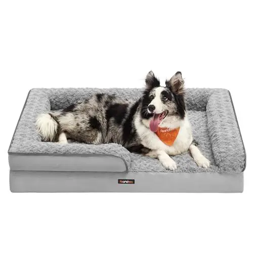 Produktbild: Feandrea Orthopädisches Hundebett für mittelgroße Hunde, wasserdichtes Hundesofa mit abnehmbarem Plüsch-Bezug, 91 x 68 x 16 cm, Taubengrau PGW252G01