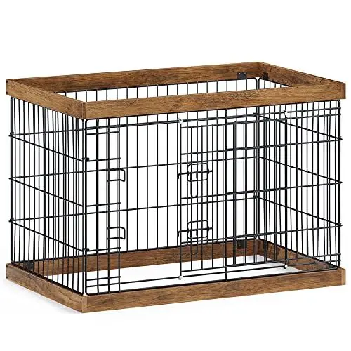 Produktbild: Feandrea by SONGMICS Home Welpenauslauf, Freilaufgehege, Stahl-Gitter, Welpenlaufstall, Schiebetür mit 2 Riegeln, Größe L, 92,5 x 57,5 x 64 cm, Gehege für Hunde, Kaninchen, walnussbraun-schwarz