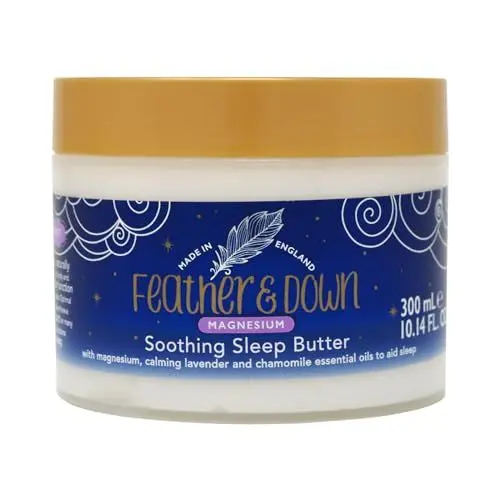 Produktbild: Feather & Down Wohltuende Magnesium-Schlafbutter (300ml) – mit Magnesium sowie beruhigendem ätherischen Lavendel- und Kamillenöl, um das Einschlafen zu fördern. Ohne Tierversuche. Vegan.
