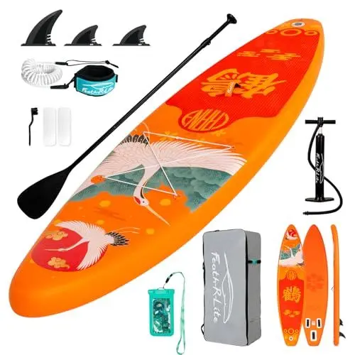 Produktbild: FEATH-R-LITE Aufblasbare Stand Up Paddle Boards Multifunktionale Paddleboard Mit Handpumpe, Sup Rucksack, Leine, Einstellbares Paddel, Für Erwachsene, Aller Fertigkeitsstufen (Kranich-Orange)