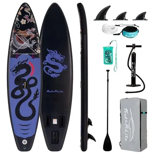 Produktbild: FEATH-R-LITE Aufblasbare Stand Up Paddle Boards Multifunktionale Paddleboard Mit Handpumpe, Sup Rucksack, Leine, Einstellbares Paddel, Für Erwachsene, Aller Fertigkeitsstufen (Drache-Schwarz)