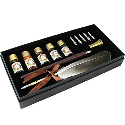 Produktbild: FEATTY Gifts Kalligraphie-Stift-Set, 12-teilig, 5 Federn und 5 Tintenpatronen, Schreibkiel-Stift, Anitque Dip Feder-Stift-Set (Holz + Feder)