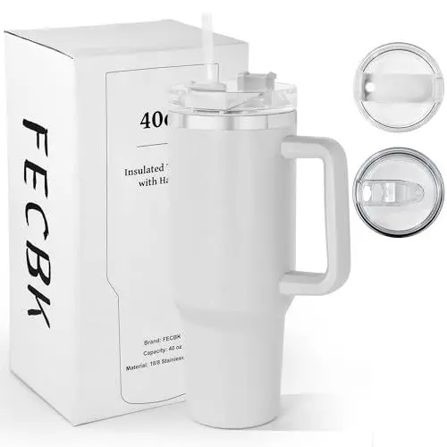 Produktbild: FECBK Thermobecher mit Strohhalm und Henkel 1,2L, 100% Auslaufsicherer Trinkbecher, Edelstahl Vakuumisoliert Kaffeebecher mit Griff, Hält 12 Std Heiß / 34 Std Kalt, Spülmaschinenfest, Grau