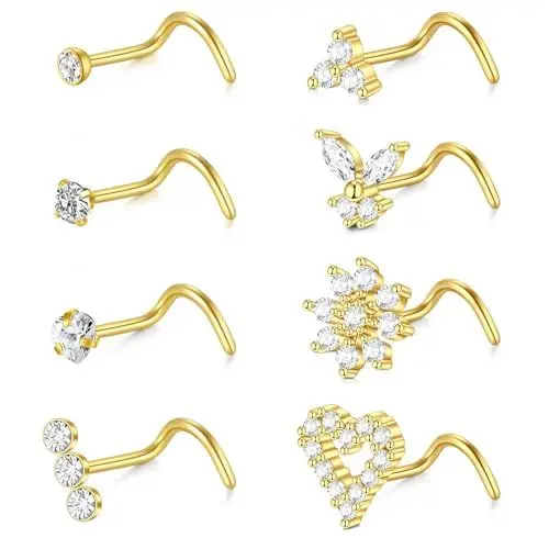 Produktbild: FECTAS 18g Gold Nasenstecker Ring Edelstahl Nasenstecker Diamant CZ Herz Schraube Nase Ringe für Frauen Korkenzieher Nase Nostril Piercing Schmuck 8pcs
