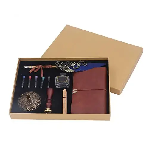 Produktbild: Federkiel-Set, Retro, Exquisites Schreibset für Kalligraphie-Liebhaber, Eltern, Freunde, Tragbare PU-Geschenkbox, Verpackung, Tintenbeutel, Basisstempel, Schwarz (Königsblau)