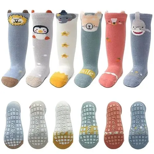 Produktbild: FedMois 6er Pack Baby Kleinkinder ABS rutschfeste Socken Knielang Kniestrümpfe Baumwolle, Hai, 3-5 Jahre