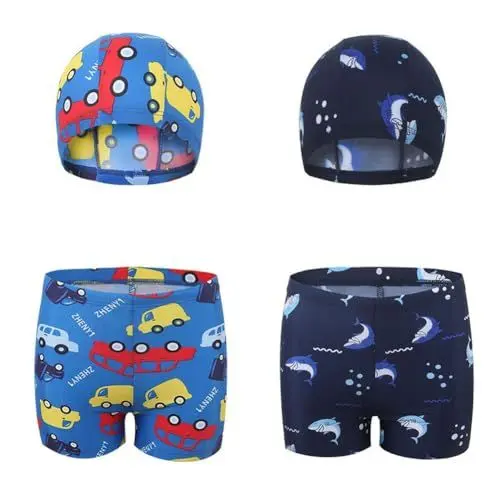 Produktbild: FedMois Jungen Badeanzug Badehose Schwimmkleidung 4er Set, 2 Badeshorts + 2 Bademütze, Haie und Autos, 3-4 Jahre