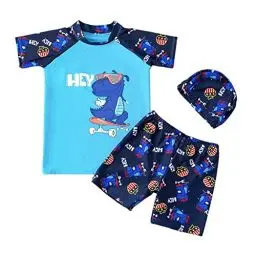 Produktbild: FedMois Kleinkinder Jungen Badeanzug 3-teiliges Schwimmkleidung Set Badeshirt Badeshorts Bademütze, Dinosaurier Skateboard, Gr. 134/140 (Herstellergröße 4XL)