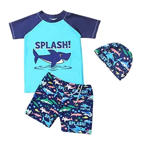 Produktbild: FedMois Kleinkinder Jungen Badeanzug 3-teiliges Schwimmkleidung Set Badeshirt Badeshorts Bademütze, Haie, Gr. 116 (Herstellergröße 2XL)