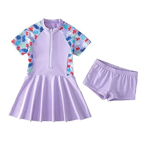 Produktbild: FedMois Mädchen Badeanzug Zweiteiliger Schwimmanzug, Badekleid + Badeshorts, Violett, 6 Jahre