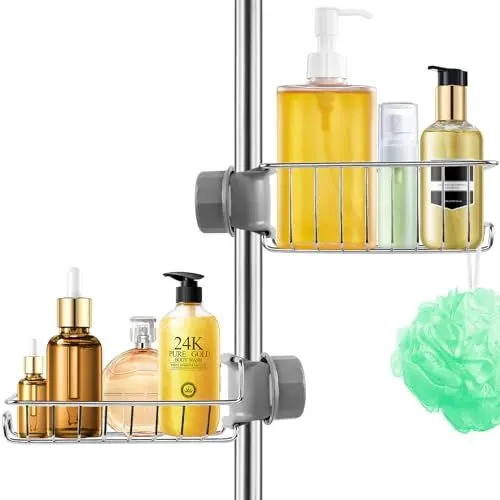 Produktbild: Feebee Duschablage ohne Bohren Edelstahl 2 Stück, Duscharegal Badezimmer Silber Shampoo Halterung für Dusche, Duschgelhalter Rostfrei Duschkorb Seifenhalter für Stange 18mm-27mm