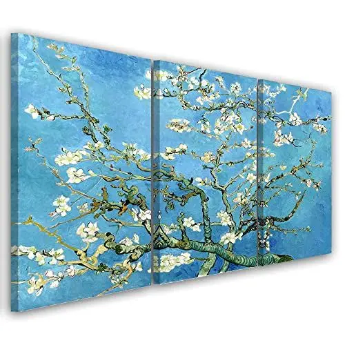 Produktbild: Feeby 3-teilig Wandbild 120x60 cm Reproduktion Blühender Mandelbaum Vincent Van Gogh Druckbild Leinwandbild Wandbild Kunst Bilder Schlafzimmer Deko Wohnzimmer Pflanzen Natur Blumen Blau