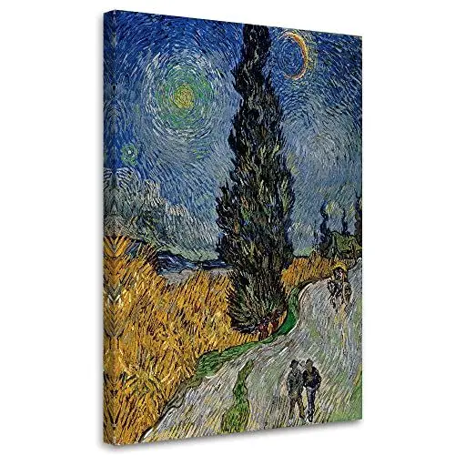 Produktbild: Feeby Bilder 30x45 cm Landstraße mit Zypresse und Stern - V. van Gogh 1 tlg Modern Vlies Wandbilder Leinwandbilder Bild auf Leinwand Kunstdruck Wohnzimmer Jungezimmer REPRODUKTION mehrfarbig