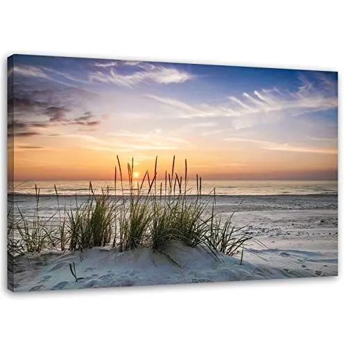 Produktbild: Feeby Bilder Wohnzimmer Strand Meer Dünen XXL 80x60 cm 1Teilig Schlafzimmer Flur Wandbilder Leinwandbilder Kunstdruck Wanddeko Modern Design Gras Sonnenuntergang Landschaft Natur Orange