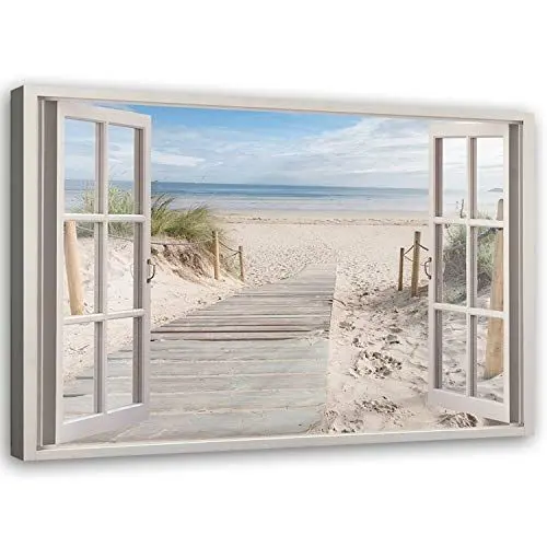 Produktbild: Feeby Leinwand Bilder - Bild Wohnzimmer - Fensterblick Holzsteg Meer Beige - 120x80 cm XXL 1tlg - Deko Schlafzimmer Groß - Dekoration Canvas - Gemälde - Modern Wandbilder - Kunstdruck