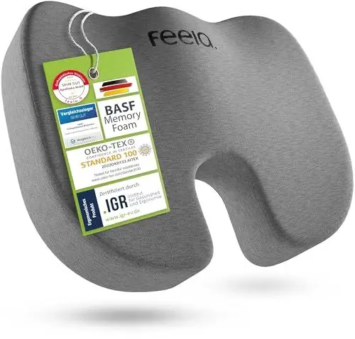 Produktbild: feela.® Orthopädisches Sitzkissen (3 Härtegrade) - Ergonomisches Sitzkissen für Bürostuhl & Co - Wirkt Schmerzreduzierend, Erhöht Sitzkomfort, Fördert Durchblutung und Entlastet das Steißbein (Medium)
