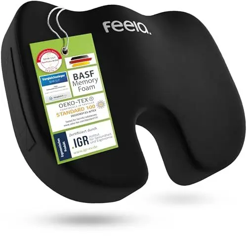 Produktbild: feela.® Orthopädisches Sitzkissen (3 Härtegrade) - Ergonomisches Sitzkissen für Bürostuhl & Co - Wirkt Schmerzreduzierend, Erhöht Sitzkomfort, Fördert Durchblutung und Entlastet das Steißbein (Weich)