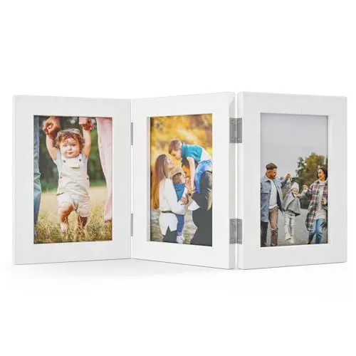 Produktbild: Feelhap Bilderrahmen Collage Holz Weiß 3 Bilderrahmen Holz für 3 Fotos Dreifach Faltbarer Rahmen Aufklappbar Fotorahmen Portraitrahmen Rahmen Frame Familie Hochzeit Geschenke