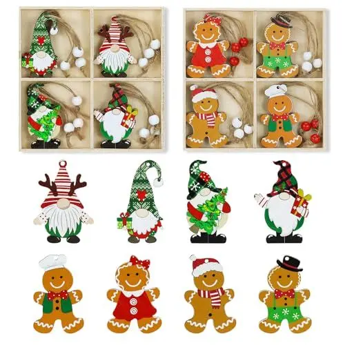 Produktbild: Feelhap Weihnachtsanhänger, 24 Stück Holz Baumschmuck, Christbaumschmuck Lebkuchenmann, Wichtel Set Bunte Bemalt Fensterhänger Mit Schnur