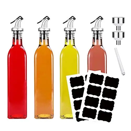 Produktbild: Feelhap Ölflasche,Olivenöl Spender Flasche 4PCS 500ML Essig und Ölspender Set mit Trichter,Essigflasche aus Glas Ölflasche mit Ausgießer,Essig Olivenöl Flaschen mit Etikett und Stift für Küche