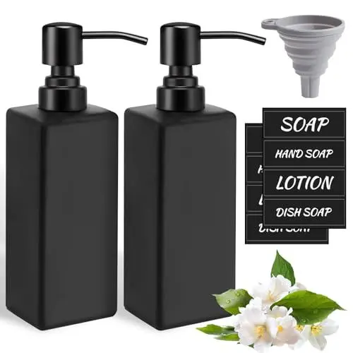 Produktbild: Feelhap Seifenspender Glas Schwarz matt,350ml Glas Seifenspender Set mit Pumpe aus Edelstahl,1 Silikon-Trichter und 8 Etiketten,2 Stück Shampoo Lotion Handseifenspender für Küche & Bad (Quadratisch)