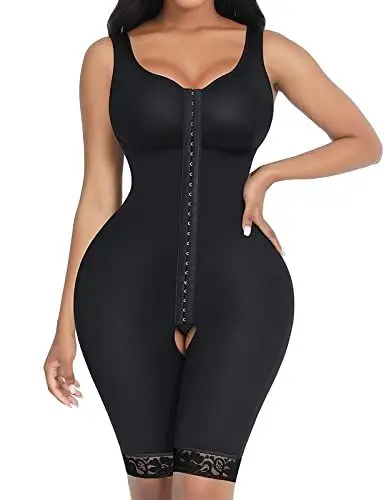 Produktbild: FeelinGirl Shapewear Damen Bauchweg Full Body Shaper mit 3 Haken Verstellbar Miederbody Stark Formend Ganzkörper Schenkel Schlankmacher Po Push Up Überbrust Schwarz L
