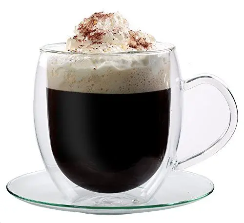 Produktbild: Feelino Bullino große doppelwandige 400 ml Glas-Thermotasse mit Untersetzer edle und extra große Glas-Teetasse / Kaffeetasse mit Schwebeeffekt, Glastasse mit Henkel und Untersetzer im Geschenkkarton