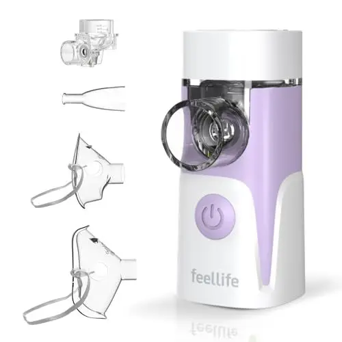 Produktbild: FEELLIFE Inhalator Erwachsene Kinder, Inhalationsgerät Erwachsene, Vernebler Inhaliergerät, Nebulizer Inhalator Leiser Unter 25 dB, Tragbar Wiederaufladbar Inhalationsgerät Atemwegserkrankungen Lila