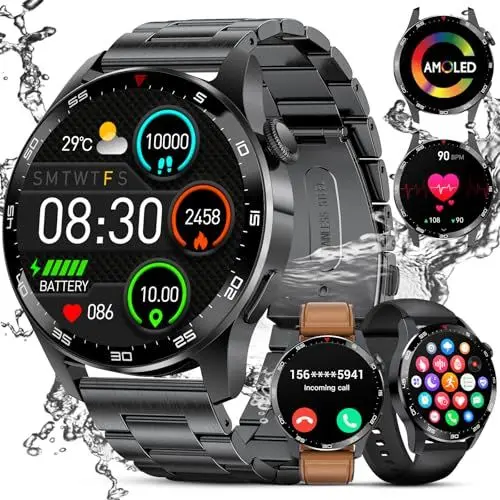 Produktbild: FEELNEVER Smartwatch Herren mit Telefonfunktion,1.43''AMOLED Militär Smart Watch, Wasserdicht Smart Watch mit Herzfrequenz Schlafüberwachung SpO2, 100+ Sportmodi Fitnessuhr Smartwatch für Android iOS