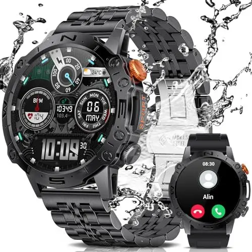 Produktbild: FEELNEVER Smartwatch Herren mit Telefonfunktion,1,43 Zoll AMOLED Militär Smartwatch mit Herzfrequenz Schlafüberwachung SpO2, 100+ Sportmodi, 5ATM Wasserdicht Fitnessuhr Smart Watch für Android iOS