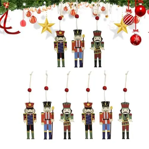Produktbild: Feelorna 9 Stück Holz Nussknacker Weihnachten Anhänger, Weihnachtsanhänger Nussknacker Soldat Handarbeit Hängeornamente, Christbaumanhänger für Weihnachten Party Dekoration (Satz A)