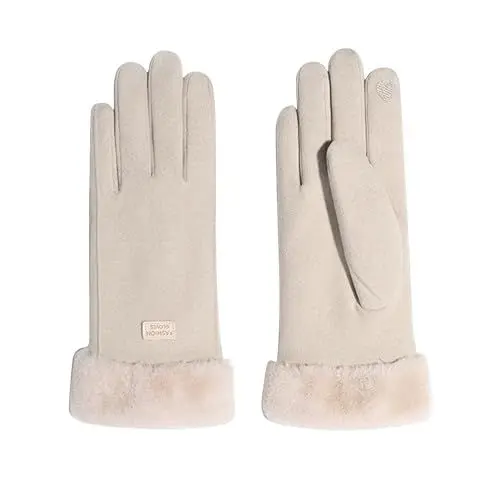 Produktbild: Feelorna Frauen Winterhandschuhe, 360° Winddichte Plüsch Manschette Thermische Touchscreen Handschuhe, Fleece gefütterte weiche Handschuhe für Outdoor Fahren Radfahren (Beige)