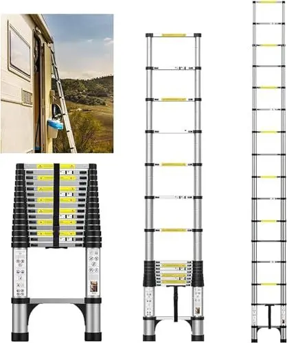 Produktbild: FEETE 4.7m Teleskopleiter, Aluminium-Leichtbau-Ausziehleiter mit rutschfesten Füßen, tragbare Dachbodenleiter, Heavy Duty RV zusammenklappbare Leiter für RV, Haushalt, Outdoor-Arbeiten(4.7M)