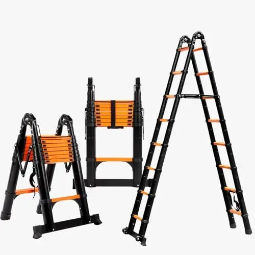 Produktbild: FEETE 5m A Frame Teleskopleiter, leichte Ausziehleiter mit Balancierstange und beweglichem Rad, kompakte Leiter, Kapazität Teleskopleiter, RV zusammenklappbare Leiter für Haushalt(5M Orange & Black)