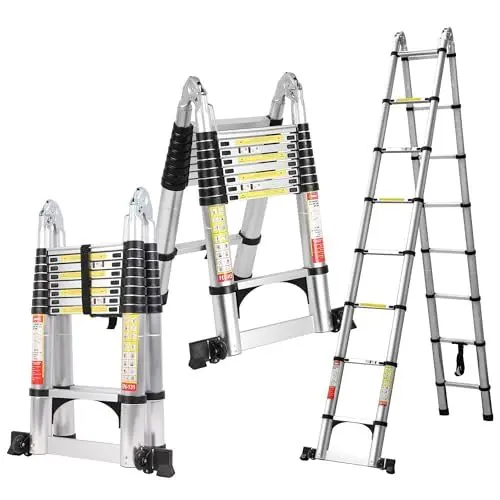 Produktbild: FEETE 5m A Frame Teleskopleiter,leichte Ausziehleiter mit Balancierstange und beweglichem Rad,kompakte Leiter, Kapazität Teleskopleiter,RV zusammenklappbare Leiter für Haushalt,Outdoor (5M Silbrig)