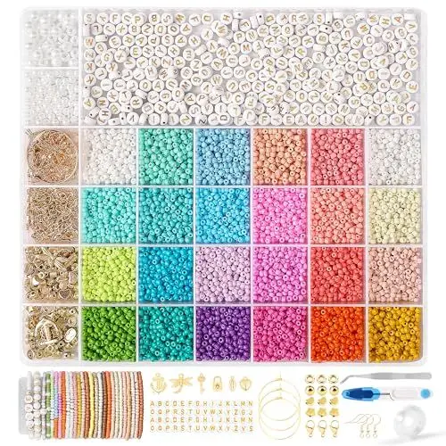 Produktbild: FEHCBIO 24 Farbe DIY Perlen für Armbänder 3mm Perlen Set,Perlen zum Auffädeln Kit, mit Golden Buchstaben A-Z Perlen Selber Machen Armbänder Charm Kit für DIY Armband Schmuckherstellung